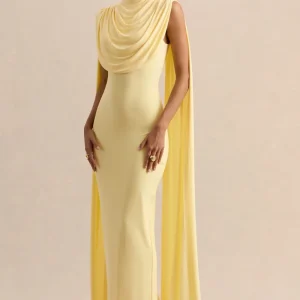 Patrina | Vestido Largo Limón De Jersey Elástico Premium Con Cuello Alto Y Detalle De Capa