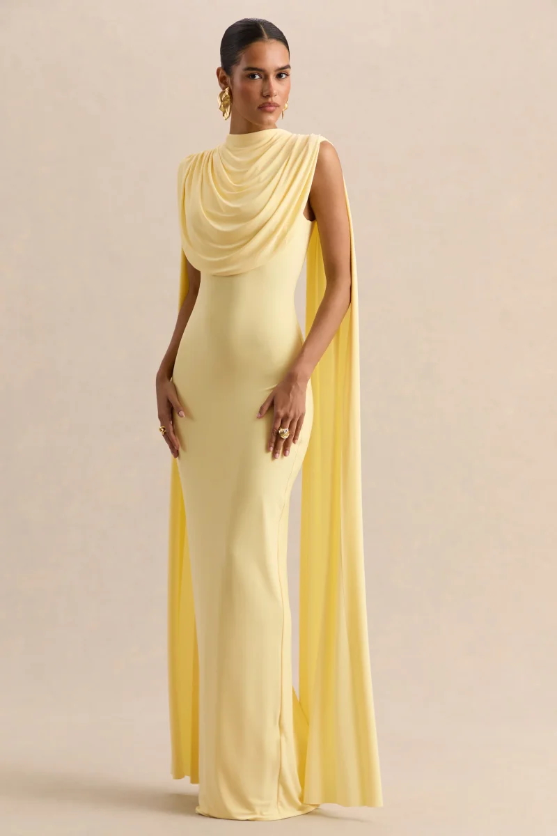 Patrina | Vestido Largo Limón De Jersey Elástico Premium Con Cuello Alto Y Detalle De Capa