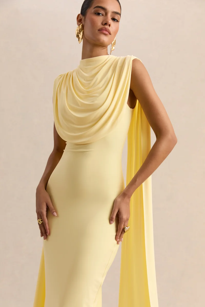Patrina | Vestido Largo Limón De Jersey Elástico Premium Con Cuello Alto Y Detalle De Capa - Imagen 4