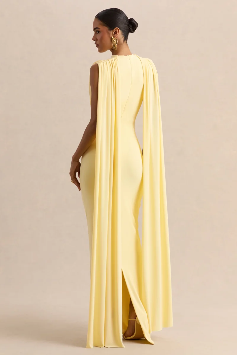 Patrina | Vestido Largo Limón De Jersey Elástico Premium Con Cuello Alto Y Detalle De Capa - Imagen 3