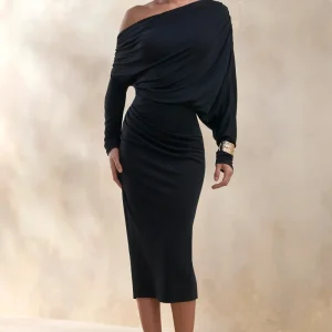 Dalissa | Negro Escote Asimétrico Vestido Midi con Detalle Drapeado