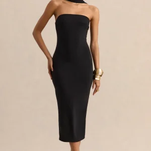 Amariah | Negro Bandeau Vestido Midi con Detalle de Pañuelo