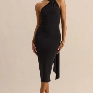 Devinae | Negro Escote Asimétrico Vestido Midi con Espalda Abierta y Detalle de Pañuelo