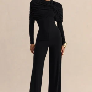 Eloura | Mono Negro De Jersey Elástico Premium Con Cuello Alto Y Detalle Torsión Fruncida