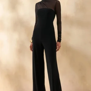 Emeria | Negro Cuello Alto Mono con Mangas Largas de Malla