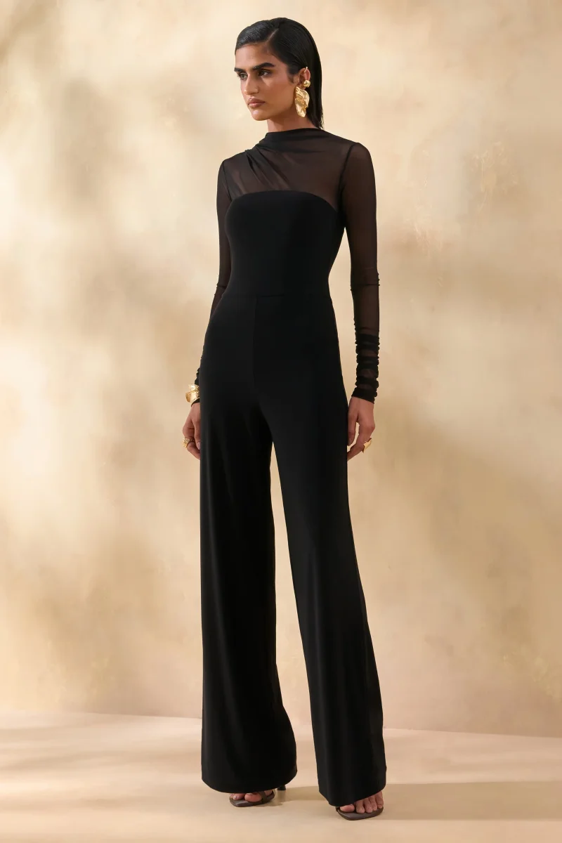 Emeria | Negro Cuello Alto Mono con Mangas Largas de Malla