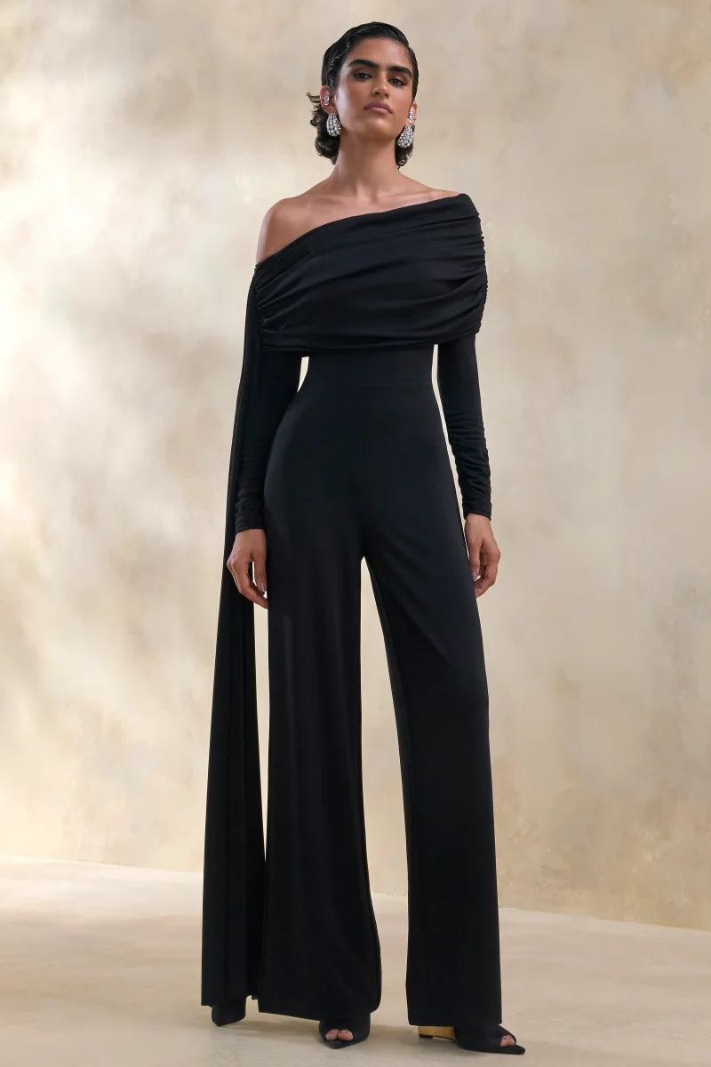 Elova | Negro Escote Bardot Mono con Fajín - Imagen 5