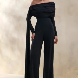 Elova | Negro Escote Bardot Mono con Fajín