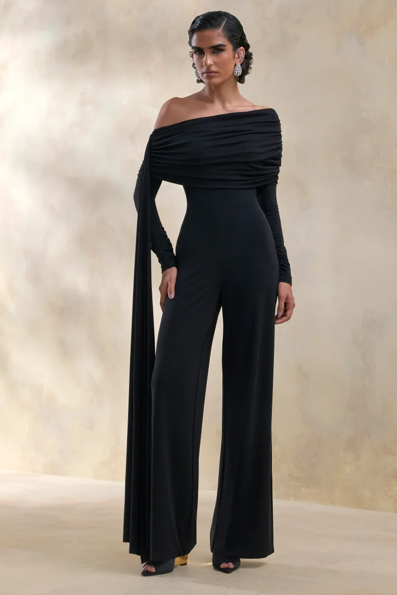 Elova | Negro Escote Bardot Mono con Fajín - Imagen 2