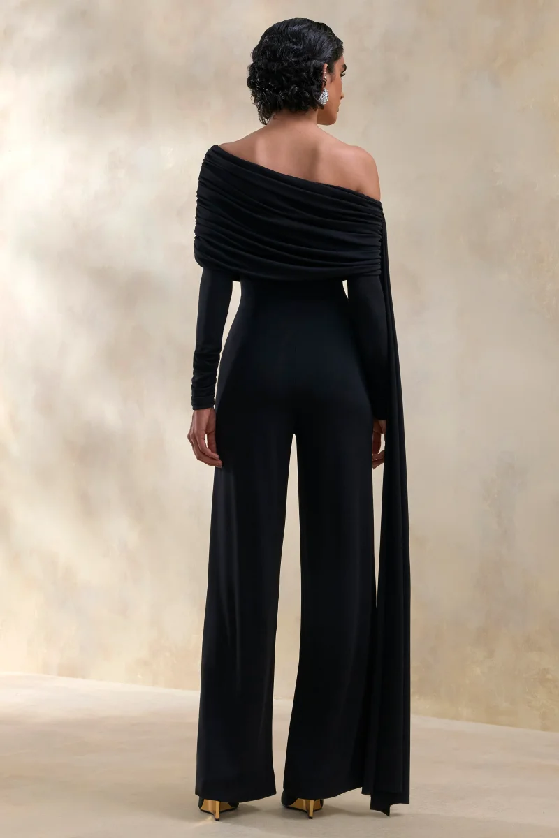 Elova | Negro Escote Bardot Mono con Fajín - Imagen 3