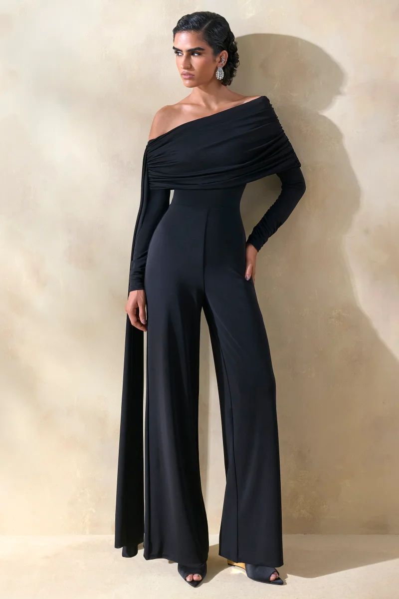 Elova | Negro Escote Bardot Mono con Fajín - Imagen 6