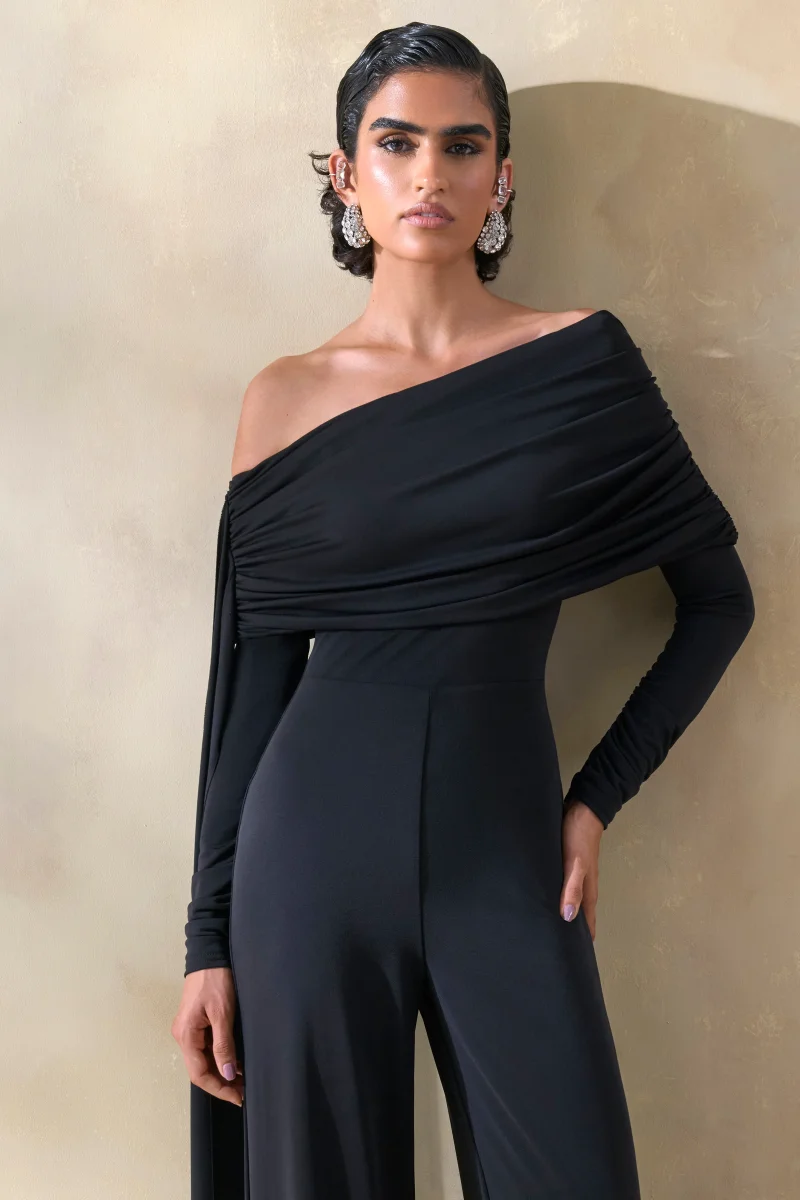 Elova | Negro Escote Bardot Mono con Fajín - Imagen 4