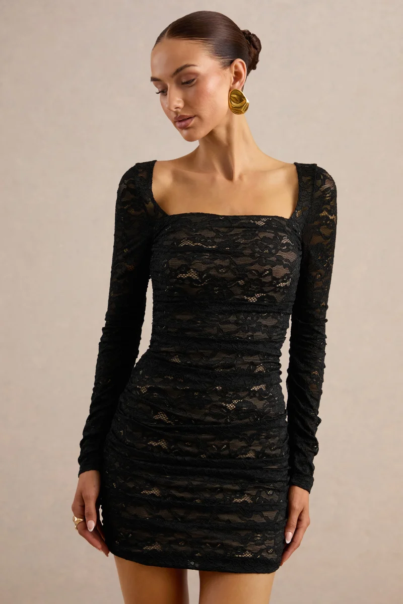 Ceronia | Vestido Mini Negro De Encaje Con Cuello Cuadrado - Imagen 5
