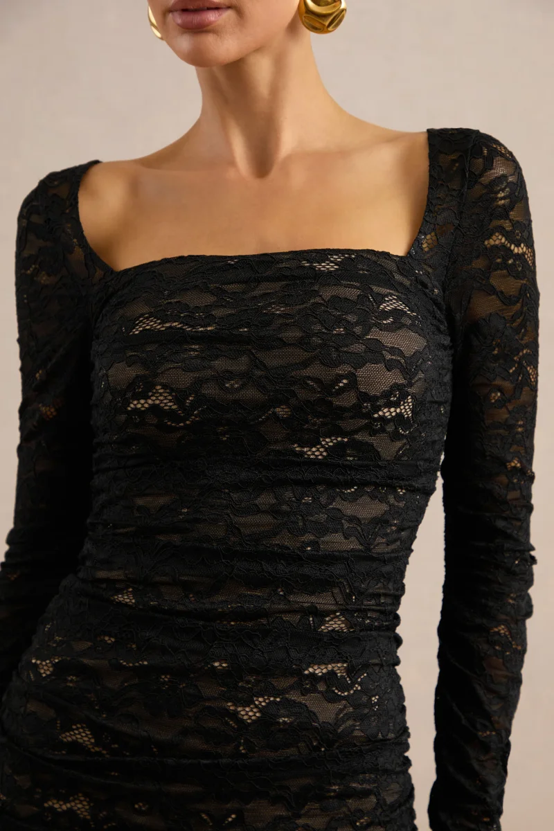 Ceronia | Vestido Mini Negro De Encaje Con Cuello Cuadrado - Imagen 7