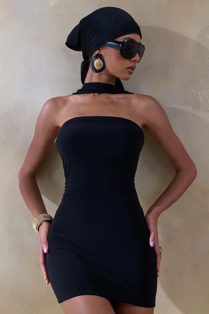 Caresse | Negro Bandeau Vestido Corto con Detalle de Pañuelo - Imagen 4