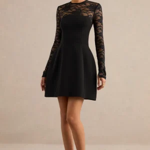 Aerin | Vestido Corto Negro De Cuello Alto Con Mangas De Encaje