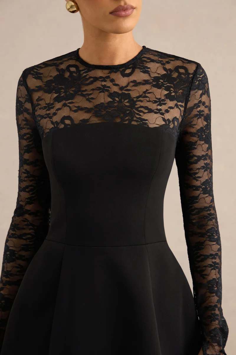 Aerin | Vestido Corto Negro De Cuello Alto Con Mangas De Encaje - Imagen 7