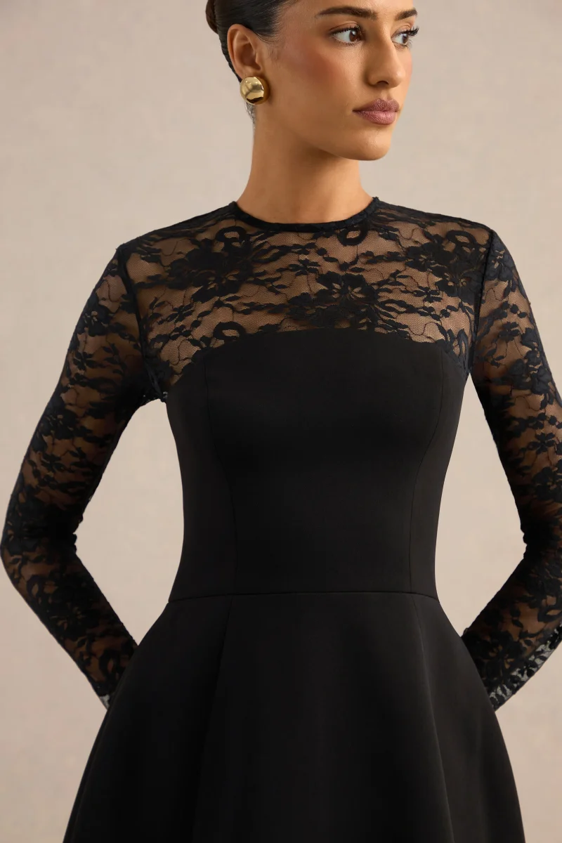 Aerin | Vestido Corto Negro De Cuello Alto Con Mangas De Encaje - Imagen 5