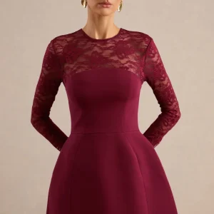 Aerin | Vestido Corto Burdeos De Cuello Alto Con Mangas De Encaje