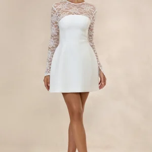Aerin | Vestido Corto Blanco De Crepé Con Cuello Alto Y Mangas Largas De Encaje