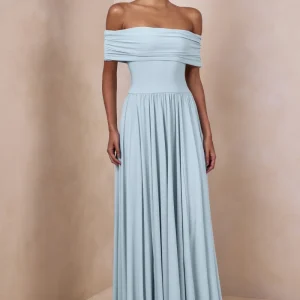 Cindie | Vestido Largo Azul Empolvado Con Escote Bardot