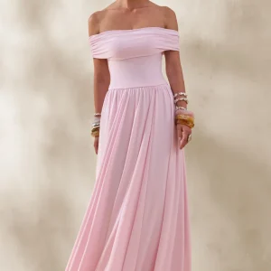Cindie | Vestido Largo Rosa De Jersey Con Escote Bardot Y Detalles Fruncidos