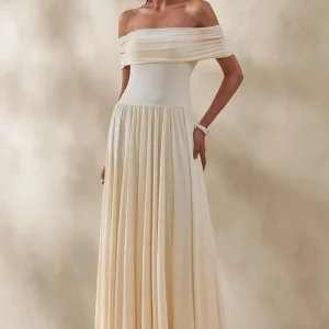 Cindie | Vestido Largo Color Crema De Jersey Elástico Con Escote Bardot
