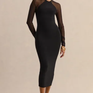 Aurevia | Vestido Midi Negro de Cuello Alto With Long Mesh-Sleeves