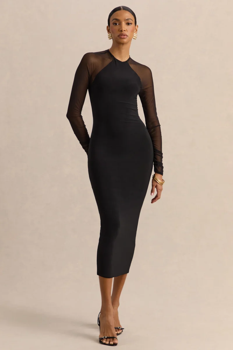 Aurevia | Vestido Midi Negro de Cuello Alto With Long Mesh-Sleeves