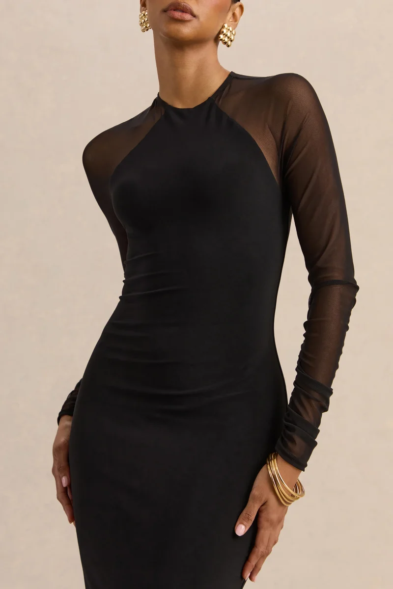 Aurevia | Vestido Midi Negro de Cuello Alto With Long Mesh-Sleeves - Imagen 4