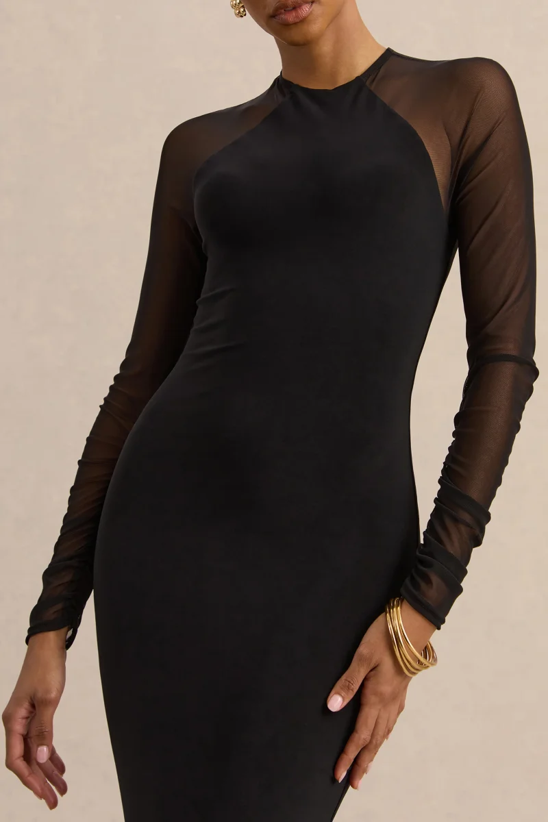 Aurevia | Vestido Midi Negro de Cuello Alto With Long Mesh-Sleeves - Imagen 7