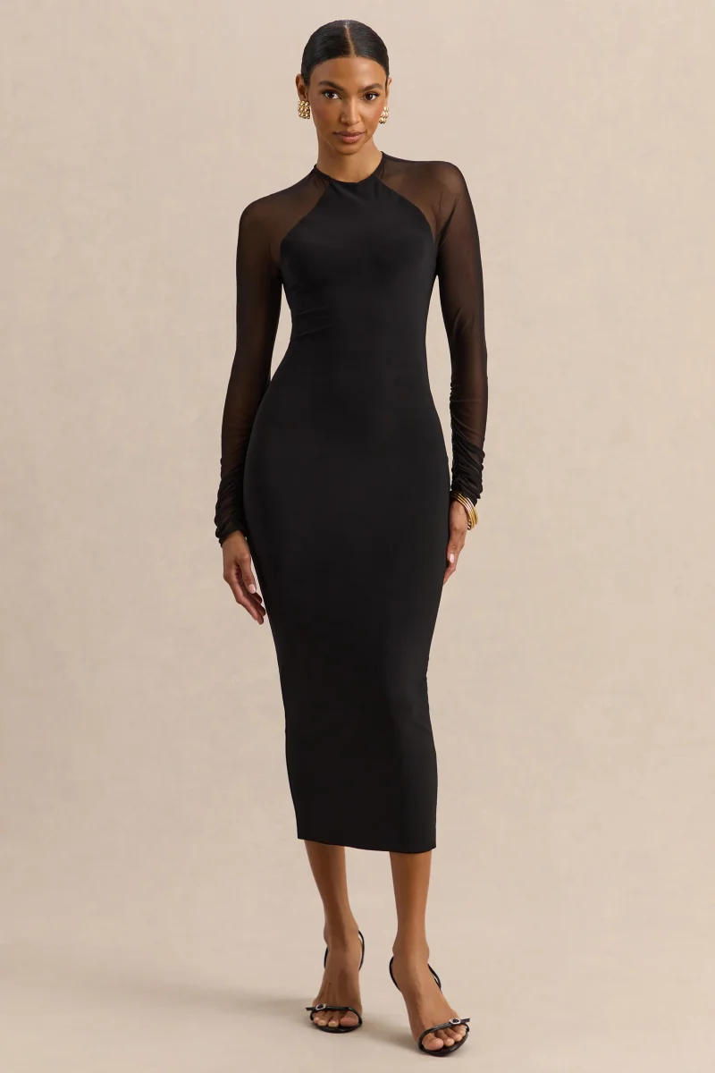 Aurevia | Vestido Midi Negro de Cuello Alto With Long Mesh-Sleeves - Imagen 5