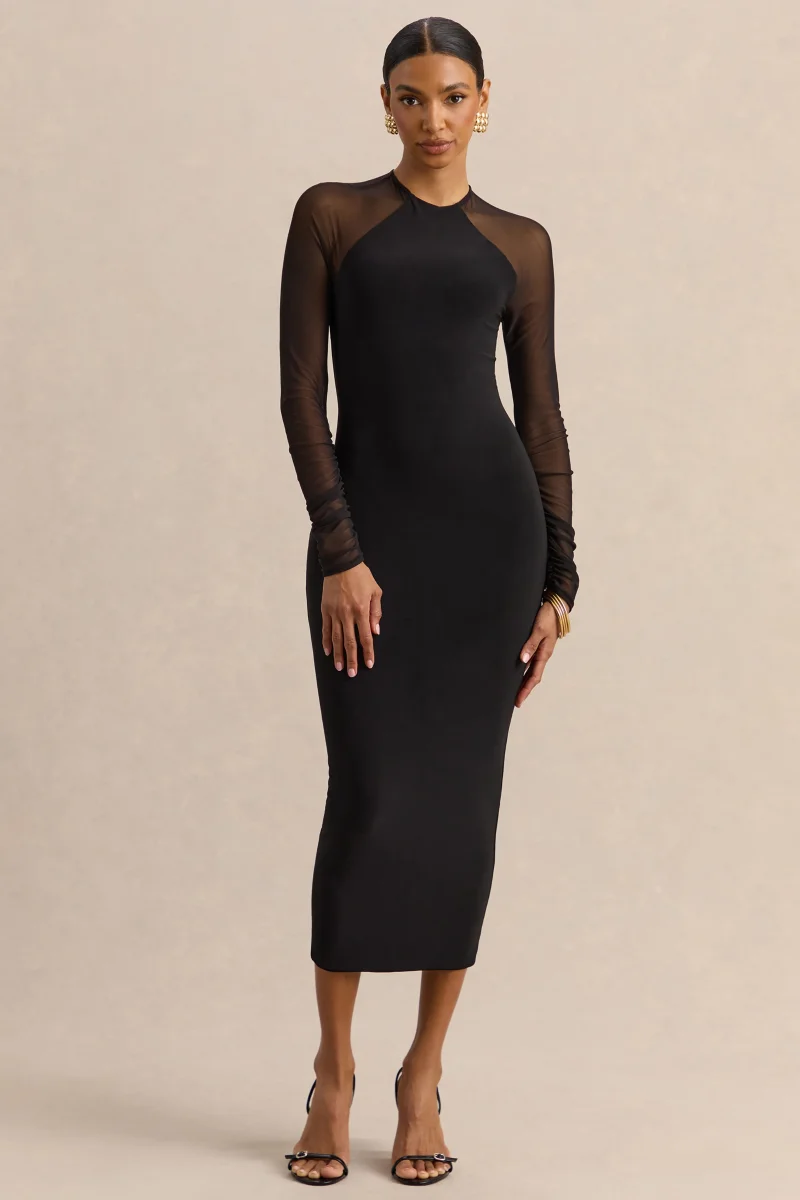Aurevia | Vestido Midi Negro de Cuello Alto With Long Mesh-Sleeves - Imagen 6