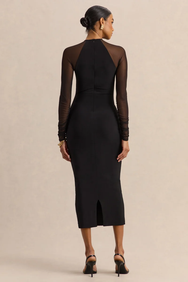 Aurevia | Vestido Midi Negro de Cuello Alto With Long Mesh-Sleeves - Imagen 3