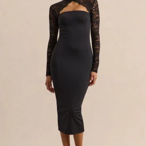 Arlune | Vestido Midi Negro Con Cuello Alto Y Mangas Largas De Encaje