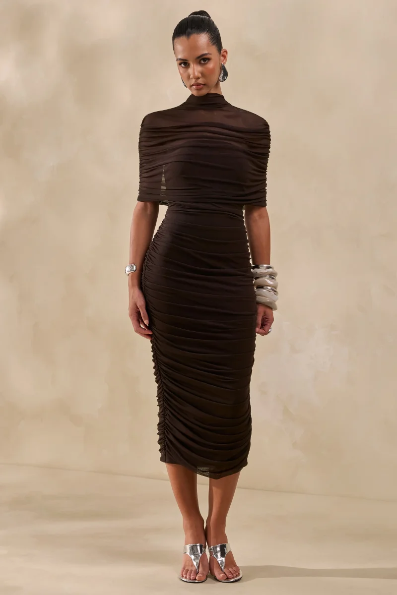 Astrae | Vestido Midi Marrón De Tul Con Cuello Alto Y Capa Corta - Imagen 2