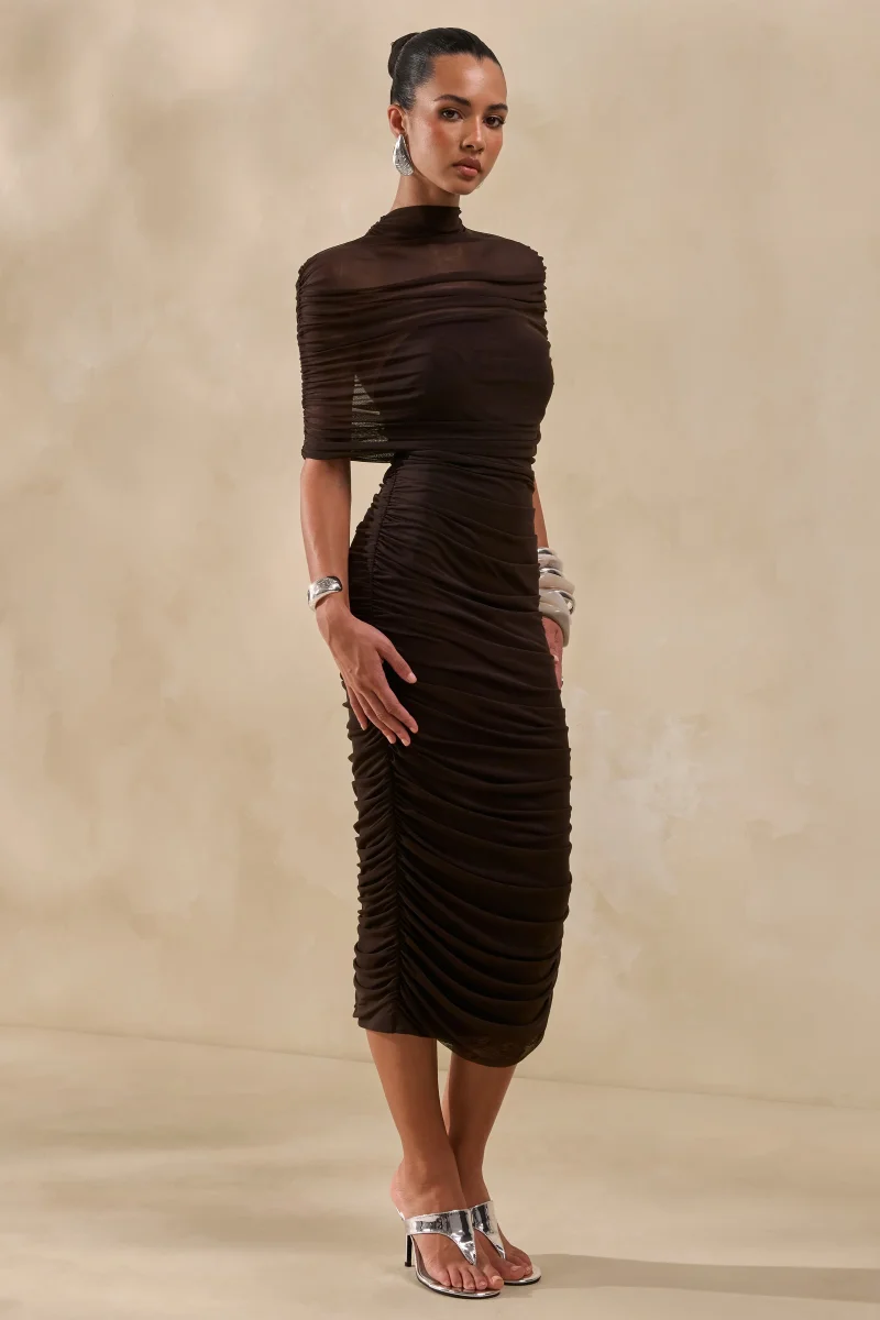 Astrae | Vestido Midi Marrón De Tul Con Cuello Alto Y Capa Corta - Imagen 9