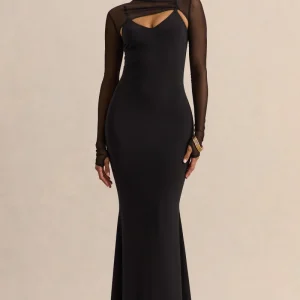 Coralia | Vestido Largo Negro de Escote Asimétrico con Mangas Largas de Malla