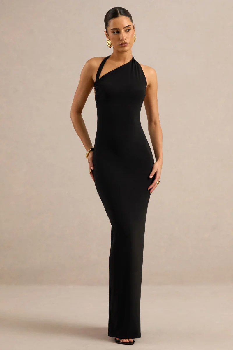 Delisse | Vestido Largo Negro Con Escote Asimétrico - Imagen 2