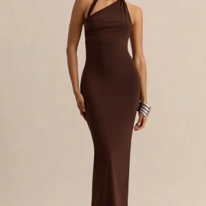 Delisse | Vestido Largo Marrón de Escote Asimétrico