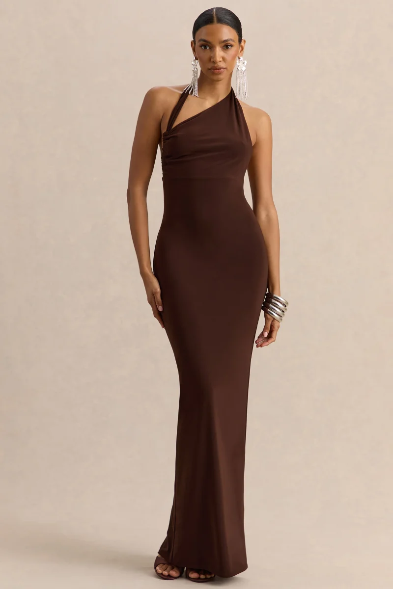 Delisse | Vestido Largo Marrón de Escote Asimétrico