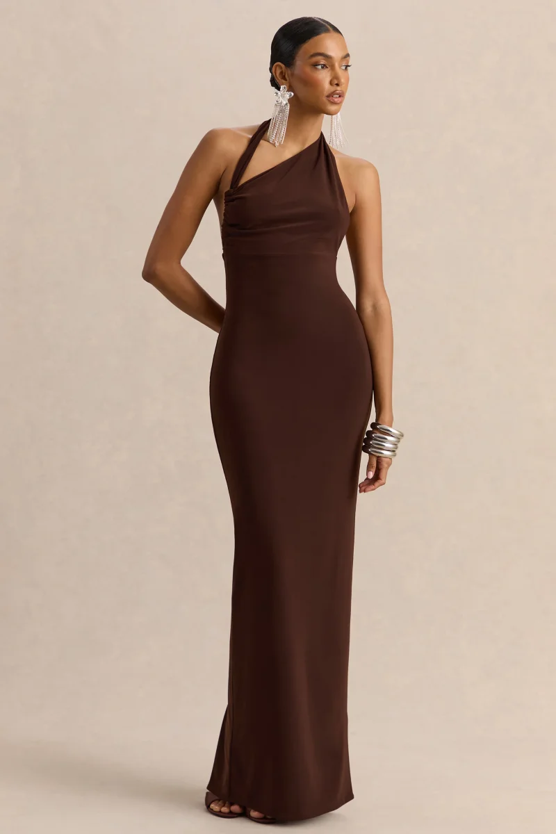 Delisse | Vestido Largo Marrón de Escote Asimétrico - Imagen 5
