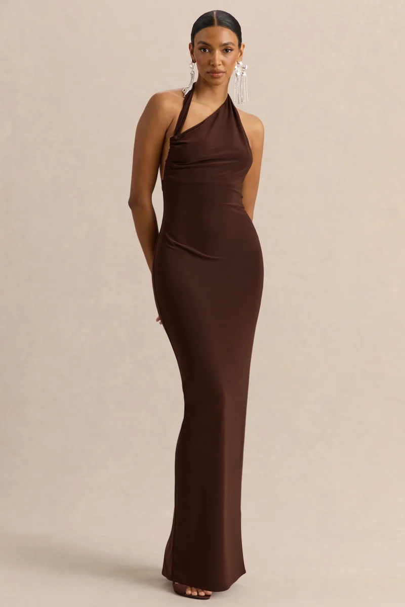 Delisse | Vestido Largo Marrón de Escote Asimétrico - Imagen 6