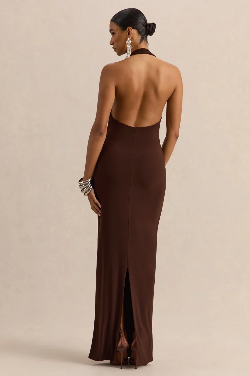 Delisse | Vestido Largo Marrón de Escote Asimétrico - Imagen 3