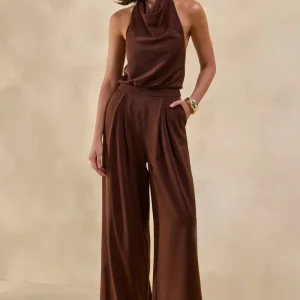 Elisra | Marrón Mono Largo De Satén Con Cuello Halter