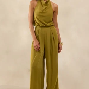 Elisra | Verde Oliva Mono Largo De Satén Con Cuello Halter