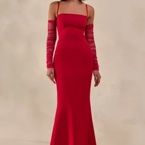 Zavira | Vestido Largo Rojo de Escote Cuadrado