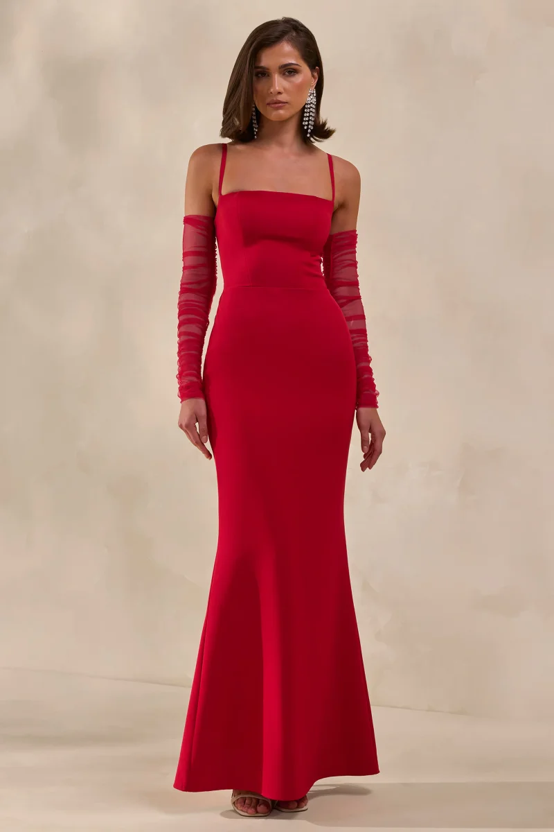 Zavira | Vestido Largo Rojo de Escote Cuadrado - Imagen 2