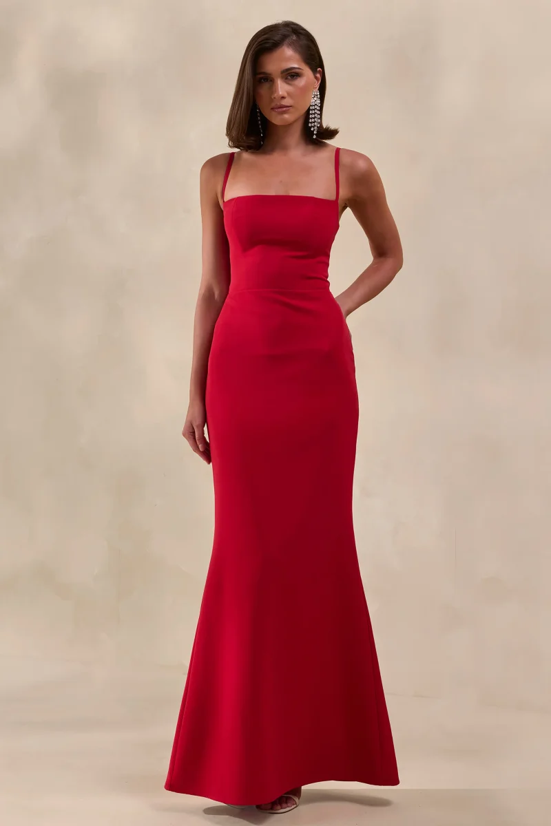 Zavira | Vestido Largo Rojo de Escote Cuadrado - Imagen 8