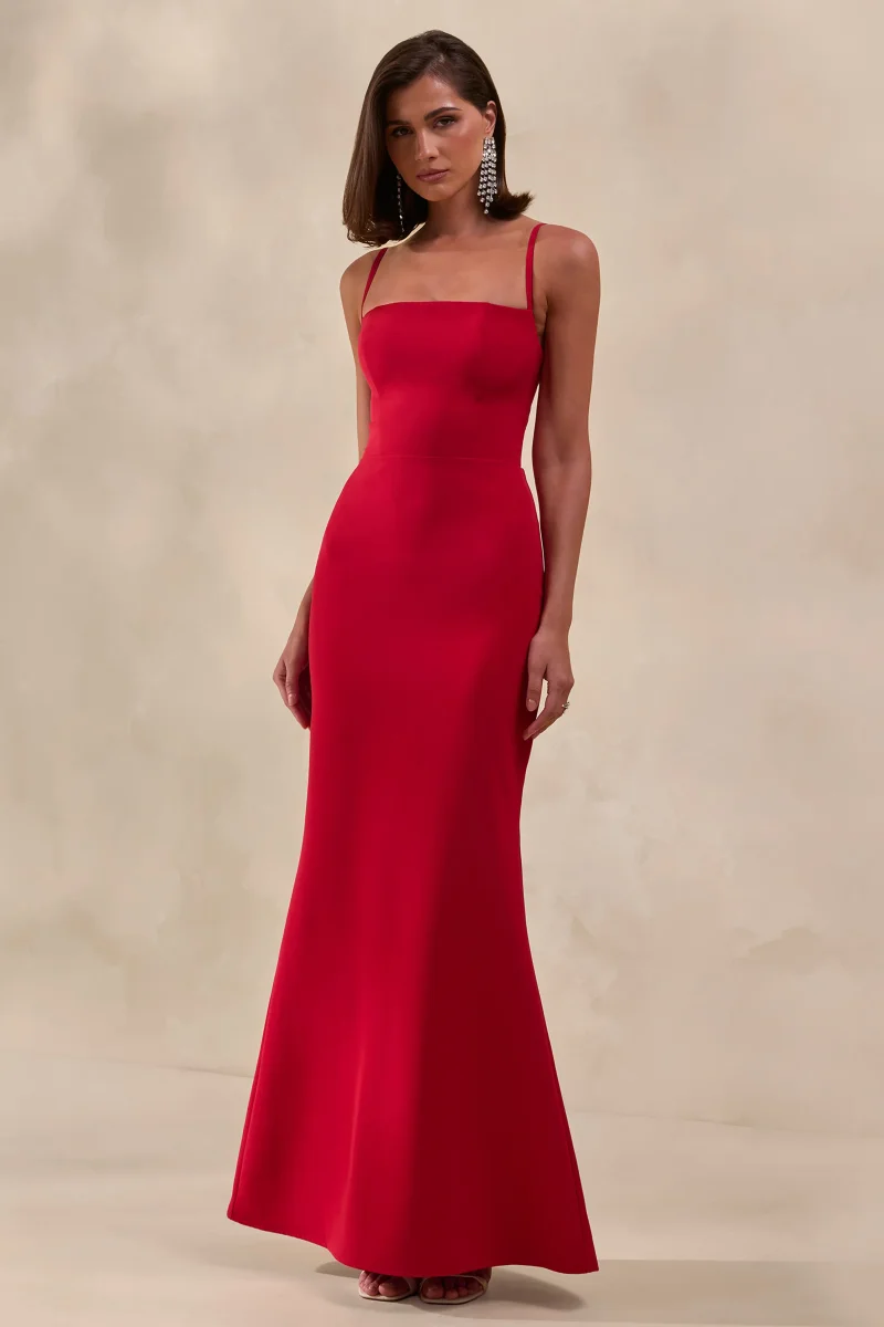 Zavira | Vestido Largo Rojo de Escote Cuadrado - Imagen 6